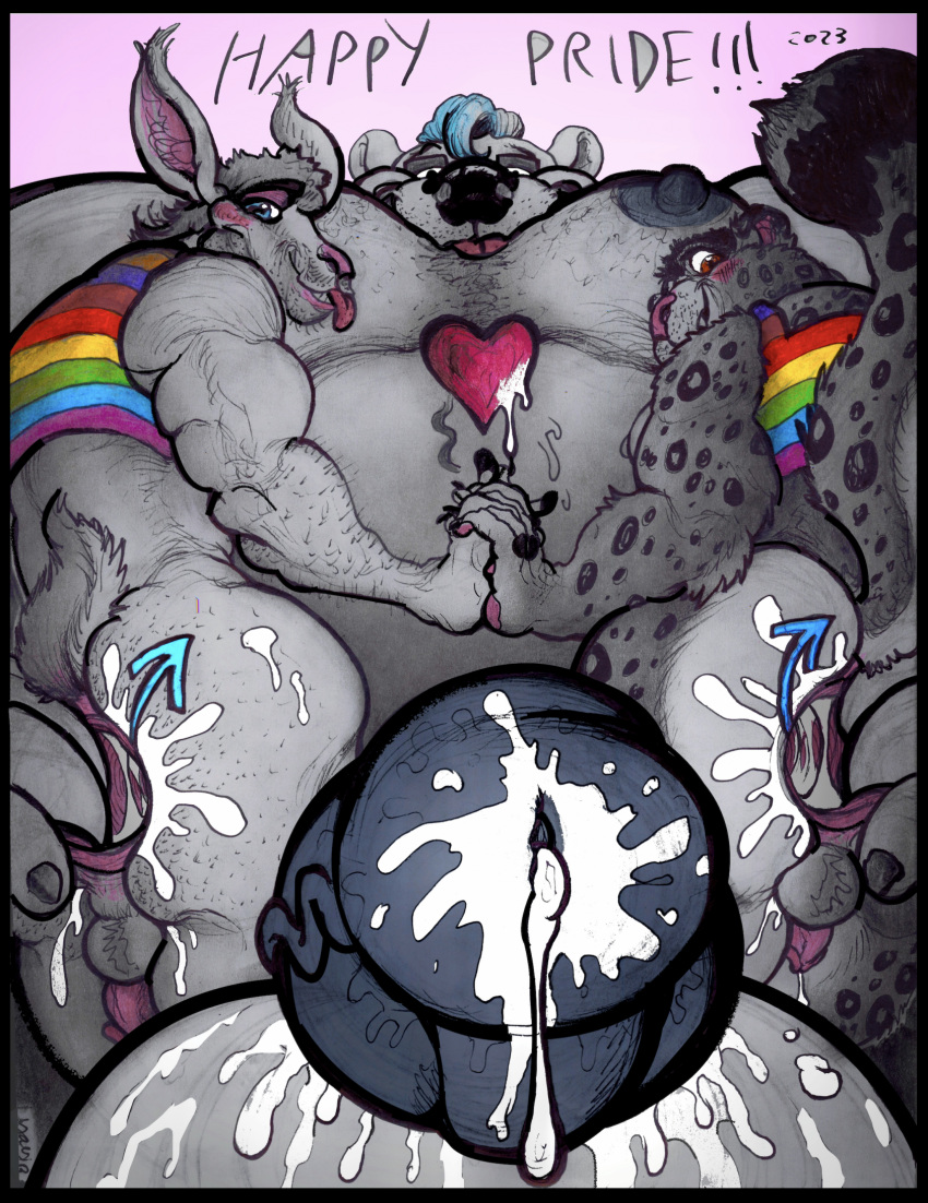 anthro bear bodily_fluids bovid caprine cum cum_in_ass cum_inside duo felid gaping genital_fluids goat hi_res lgbt_pride male male/male mammal pantherine pride_colors snow_leopard yagi_b._(artist)