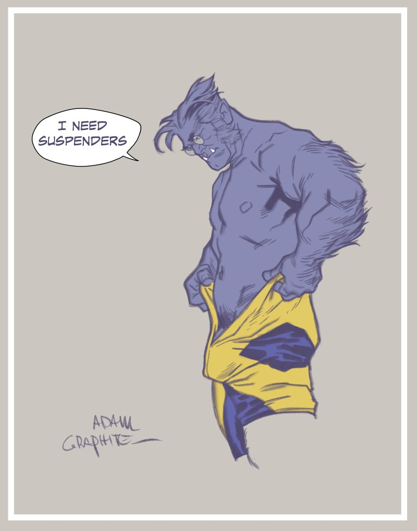 adamgraphite anthro balls bara beast_(x-men) blue_body blue_fur blue_skin bulge clothing furry glasses hank_mccoy male male_only marvel marvel_comics muscles muscular penis solo solo_male speech_bubble tight_pants_(meme) x-men