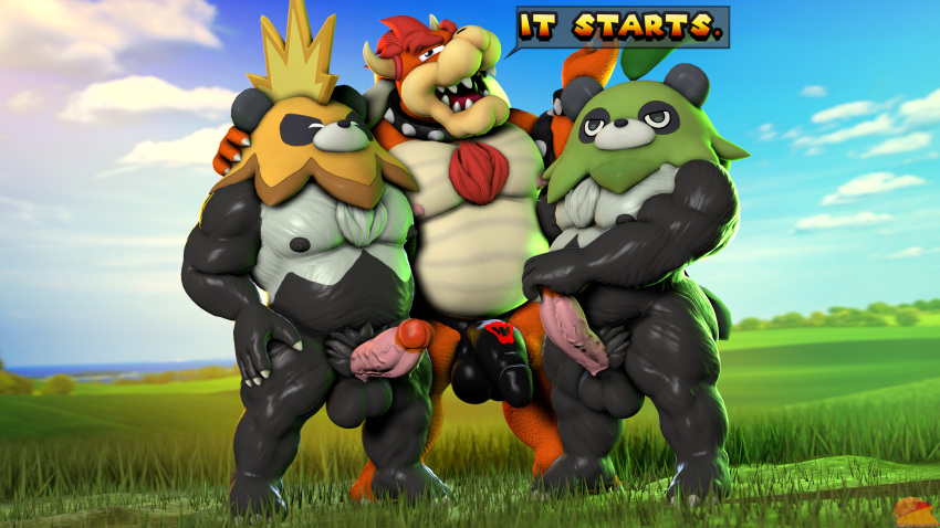 3d absurd_res anthro balls barazoku belly biceps body_hair bowser bulge chest_hair clothing collar detailed_bulge digital_media english_text erection genitals group hi_res koopa male male_only mario_(series) mask moonwulf mossanda mossanda_(pal) mossanda_lux musclegut nintendo nipples pal_(species) palworld pecs penis scalie spiked_collar spikes text thong trio underwear