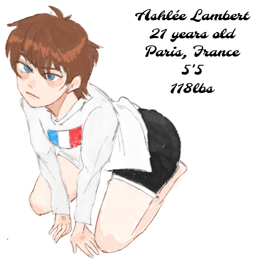 1boy adorable arched_back ashlee_lambert baggy_clothing big_butt blue_eyes blush brown_hair cute femboy french french_flag girly looking_up male_focus male_only oc on_knees original_character short_shorts smaller_male tagme tan_skin