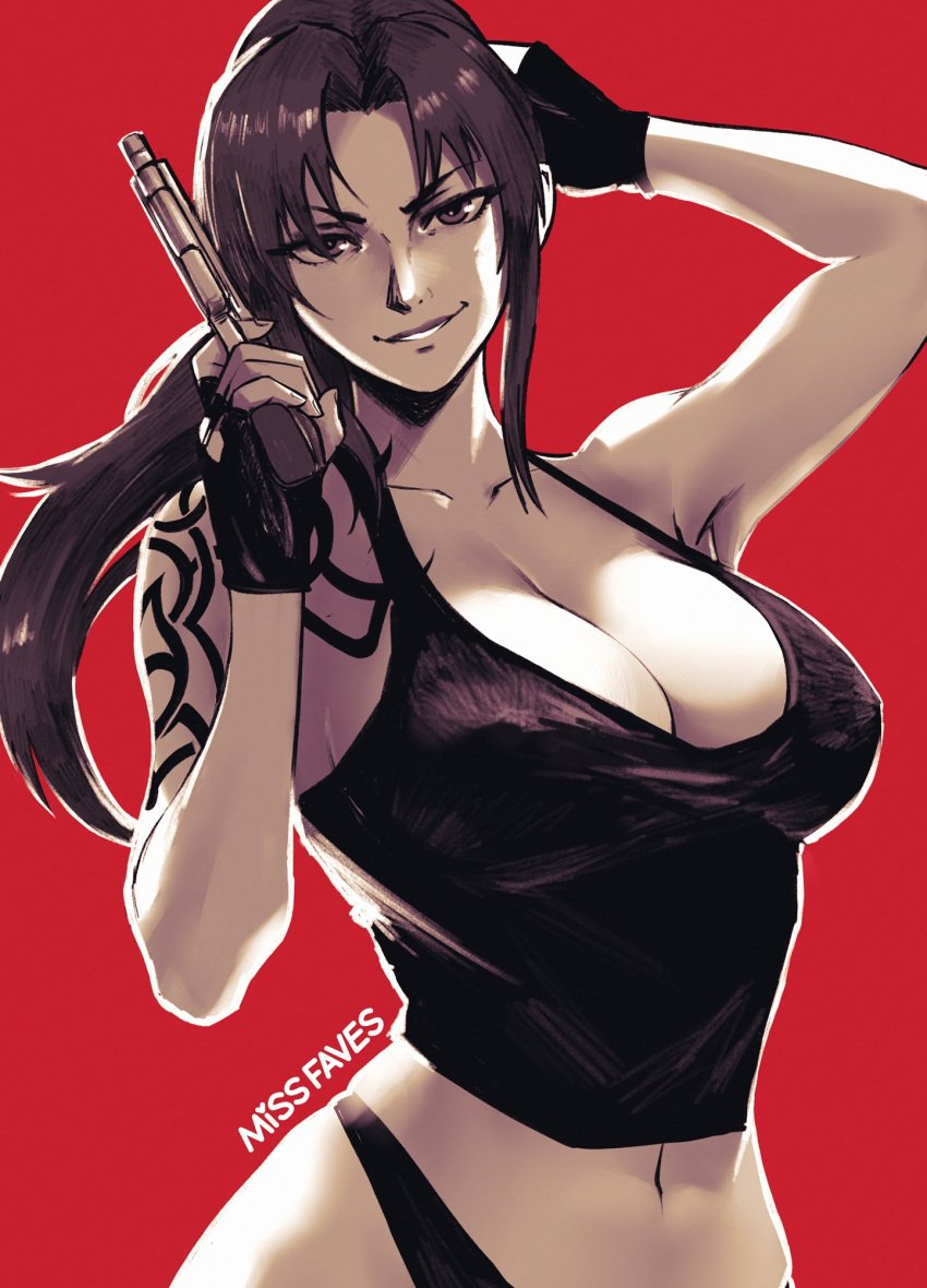 arm_up artist_name black_gloves black_lagoon black_vest breasts cleavage female fingerless_gloves gloves gun hand_on_own_head highres holding holding_gun holding_weapon large_breasts looking_at_viewer missfaves red_background revy smile solo tattoo upper_body vest weapon