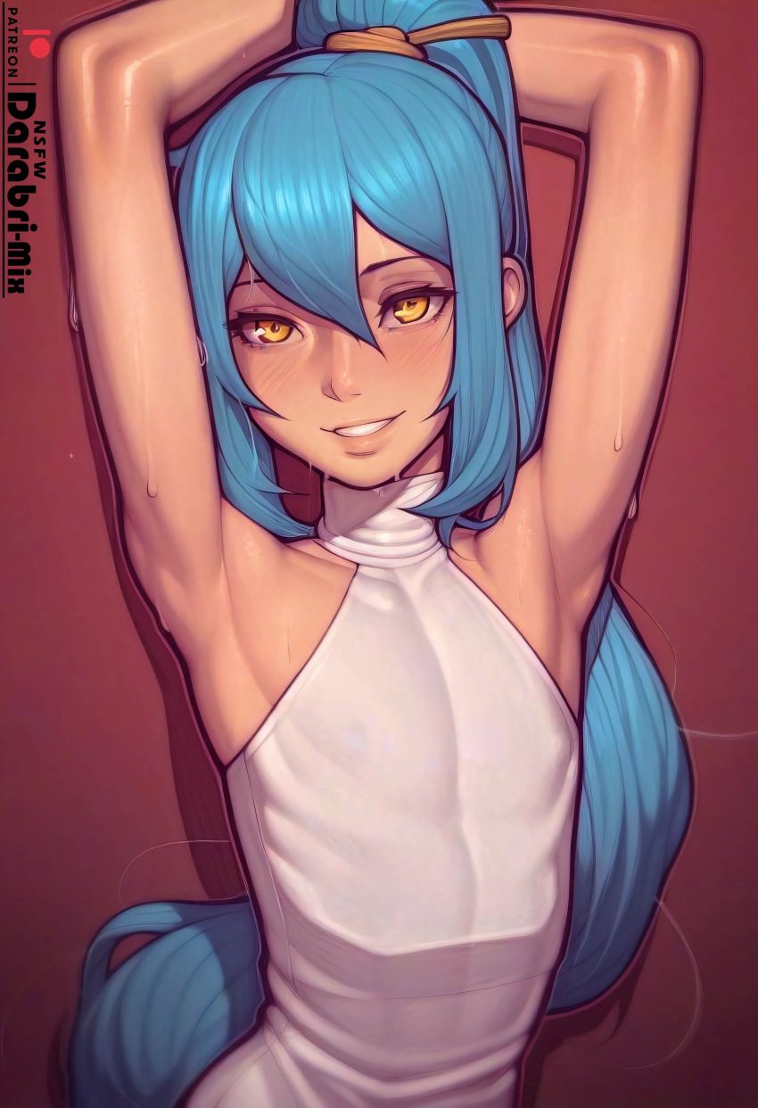 1boy ai_generated armpits arms_up asura_(ai_style) bare_shoulders beige_skin blue_hair cute darabri-mix dress femboy feminine_male girly orange_eyes otoko_no_ko outlines patreon patreon_logo ponytail sweat trap