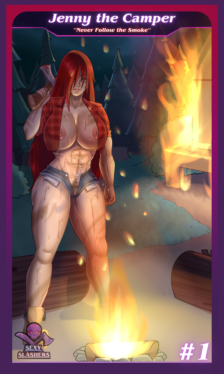 1girls abs axe big_breasts blood boots breasts buff cabin campfire campsite clothed dangerous dirty female female_only fire hair hairy hairy_pussy imposing jeans jenny_the_camper midriff mud nipples original original_character plaid plaid_clothing plaid_shirt rakunart red_eyes red_hair sexy_slashers short_jeans strong strong_woman tall_female text trading_card trading_card_game