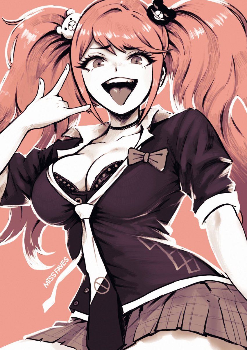 \n/ bear_hair_ornament bow breasts choker cleavage danganronpa danganronpa:_trigger_happy_havoc female hair_ornament highres junko_enoshima large_breasts loose_necktie miniskirt missfaves necktie pink_background pink_hair pink_theme pleated_skirt skirt solo tongue tongue_out