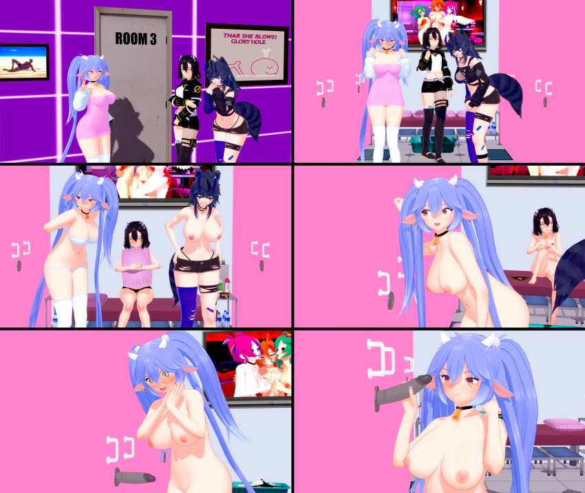 3d 3girls big_breasts big_penis busty comic female glory_hole horns indie_virtual_youtuber koikatsu no_dialogue penis renhentai shinect_(callie_forniya) snuffy succuguts_(character) undressing virtual_youtuber vtuber