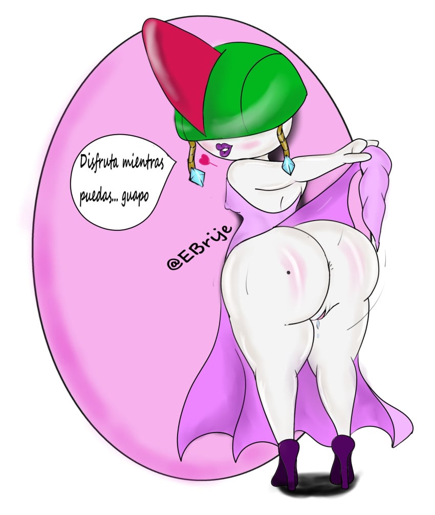 absurd_res anthro ass big_butt clothed clothing clothing_lift digital_media_(artwork) dress dress_lift eddiebrije female generation_3_pokemon genitals hi_res humanoid lipstick looking_at_viewer makeup nintendo not_furry pokemon pokemon_(species) raised_clothing raised_dress ralts short_stack simple_background solo spanish spanish_text thick_thighs wide_hips