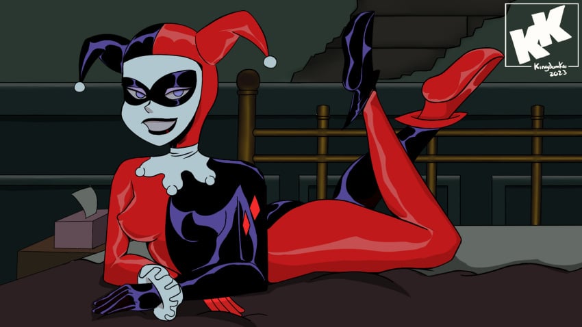 1girls 2023 batman:_the_animated_series batman_(series) bedroom_eyes bodysuit dc_comics dcau female female_only harley_quinn harley_quinn_(classic) kingdomkai looking_back medium_breasts nipple_bulge on_stomach poking pose posing solo tagme the_new_batman_adventures