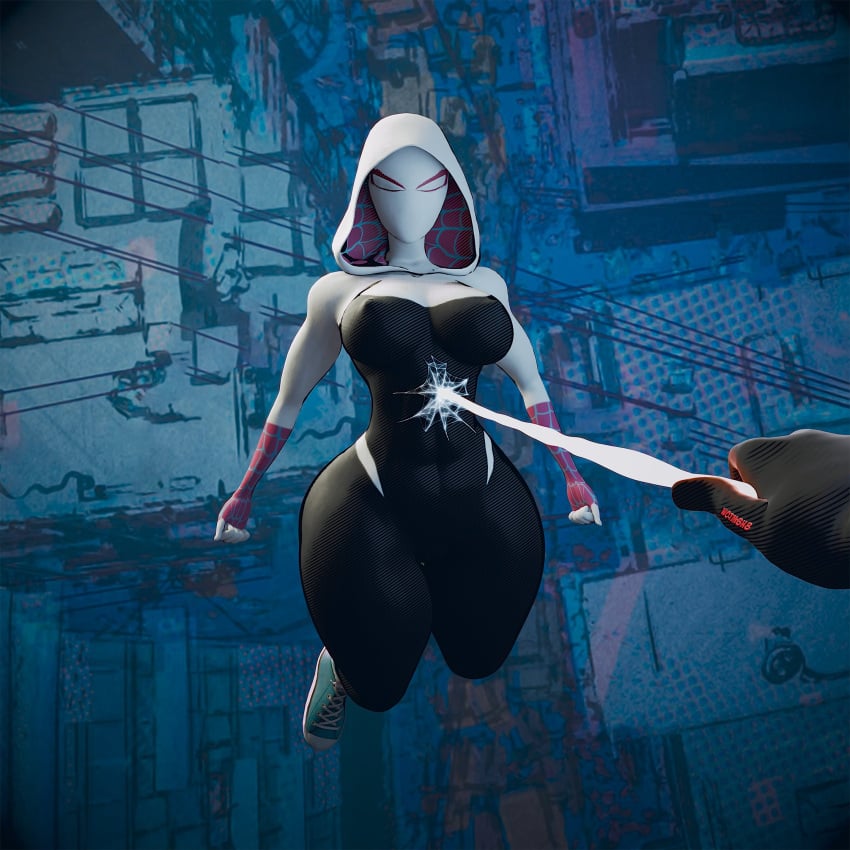 2024 3d 3d_(artwork) 5_fingers abs big_breasts big_thighs bodysuit breasts busty child_bearing_hips cobweb female female_focus female_only gwen_stacy hi_res highres hips hood hourglass_figure large_breasts large_thighs marvel marvel_comics mask masked masked_female miles_morales nipple_bulge nipples_visible_through_clothing slim_waist sneakers spider-gwen spider-man_(series) thick_thighs thighs toned_stomach voluptuous wide_hips wotm8h8