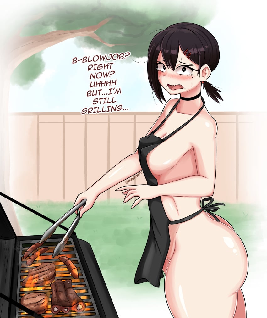 1girls apron_only ass big_ass big_breasts breasts chainsaw_man cleavage cooking darboo english_text female female_only food grill grilling higashiyama_kobeni hot_dog mappa naked_apron small_breasts solo solo_female text