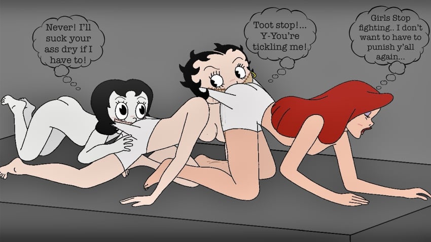 3girls all_fours barefoot betty_boop completely_nude_female crossover english_text eyes eyeshadow forced_anal full_body gray_background grey_background human_centipede human_centipede_rimming jessica_rabbit long_hair red_hair retro_artstyle scat sewn_mouth short_hair small_ass small_breasts the_human_centipede thought_bubble toot_braunstein topless_female who_framed_roger_rabbit yuri