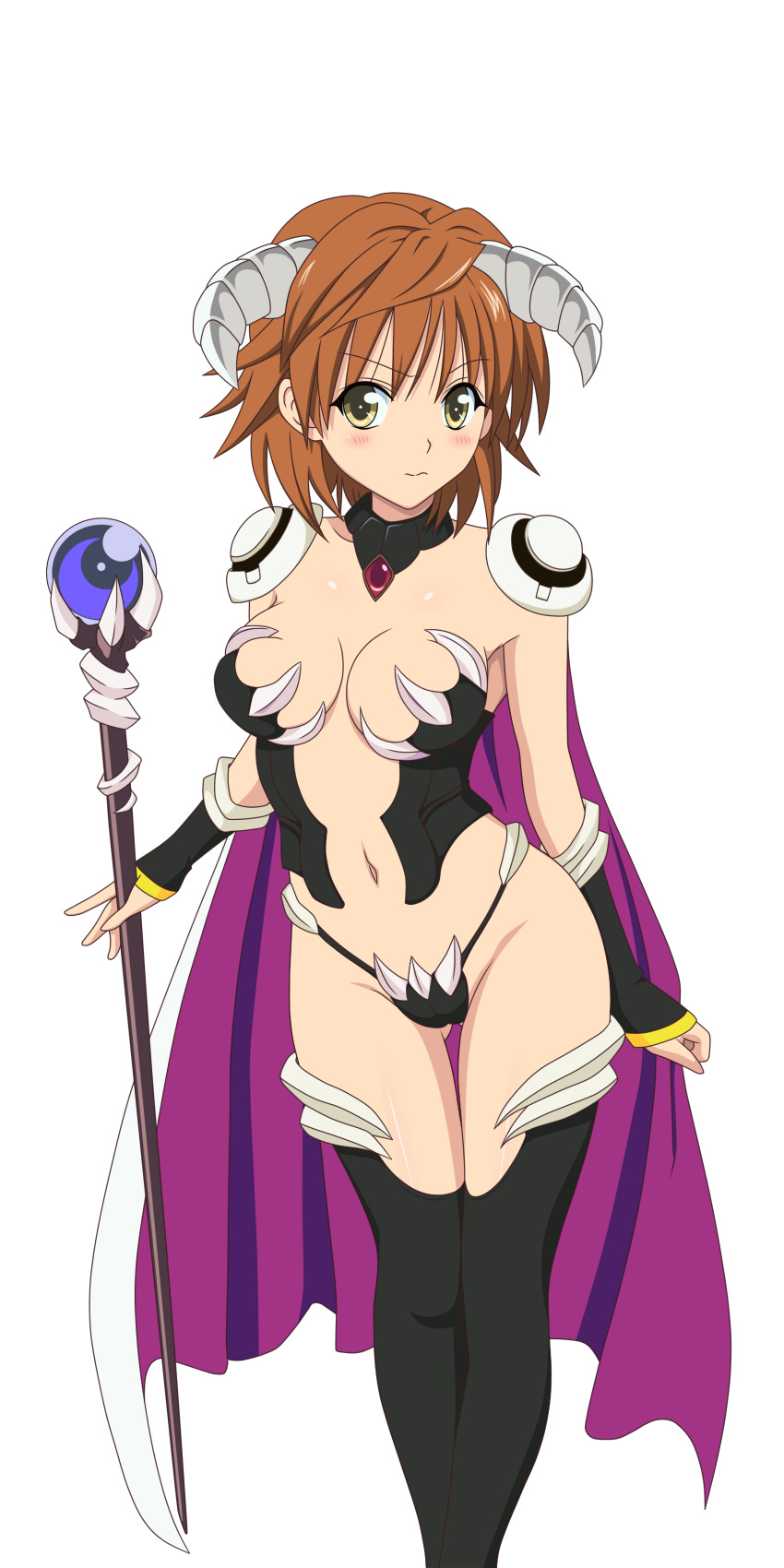 bikini_armor breasts brown_eyes brown_hair cape collar cosplay female genderswap genderswap_(mtf) highleg highleg_panties holding_object horns large_breasts rule_63 short_hair shoulder_armor staff thong to_love-ru yuusaki_riko