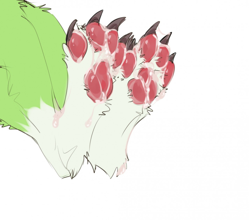 ambiguous_form ambiguous_gender bodily_fluids brown_claws claws cum cum_on_feet digitigrade faceless_ambiguous faceless_character famir_(artist) famir_(character) feet foot_shot fur genital_fluids green_body green_fur no_humans pawpads red_pawpads simple_background solo white_background white_body white_fur