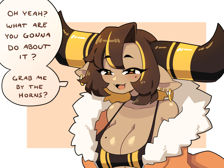 1girls big_breasts big_horns breasts brown_hair cleavage cow_ears dark-skinned_female dark_skin dialogue draph draph_race_(granblue_fantasy) ear_piercing earrings english_text female female_only granblue_fantasy hi_res horns j5daigada mole mole_on_breast mole_on_breasts mole_under_mouth narrowed_eyes original_character pica_(daigada) smug speech_bubble tagme yellow_highlights