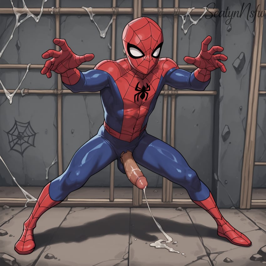 1boy ai_generated clothed clothing cum gay male male_focus marvel marvel_comics penis peter_parker seatyn_nsfw spider-man spider-man_(series) torn_bodysuit torn_clothes torn_clothing yaoi