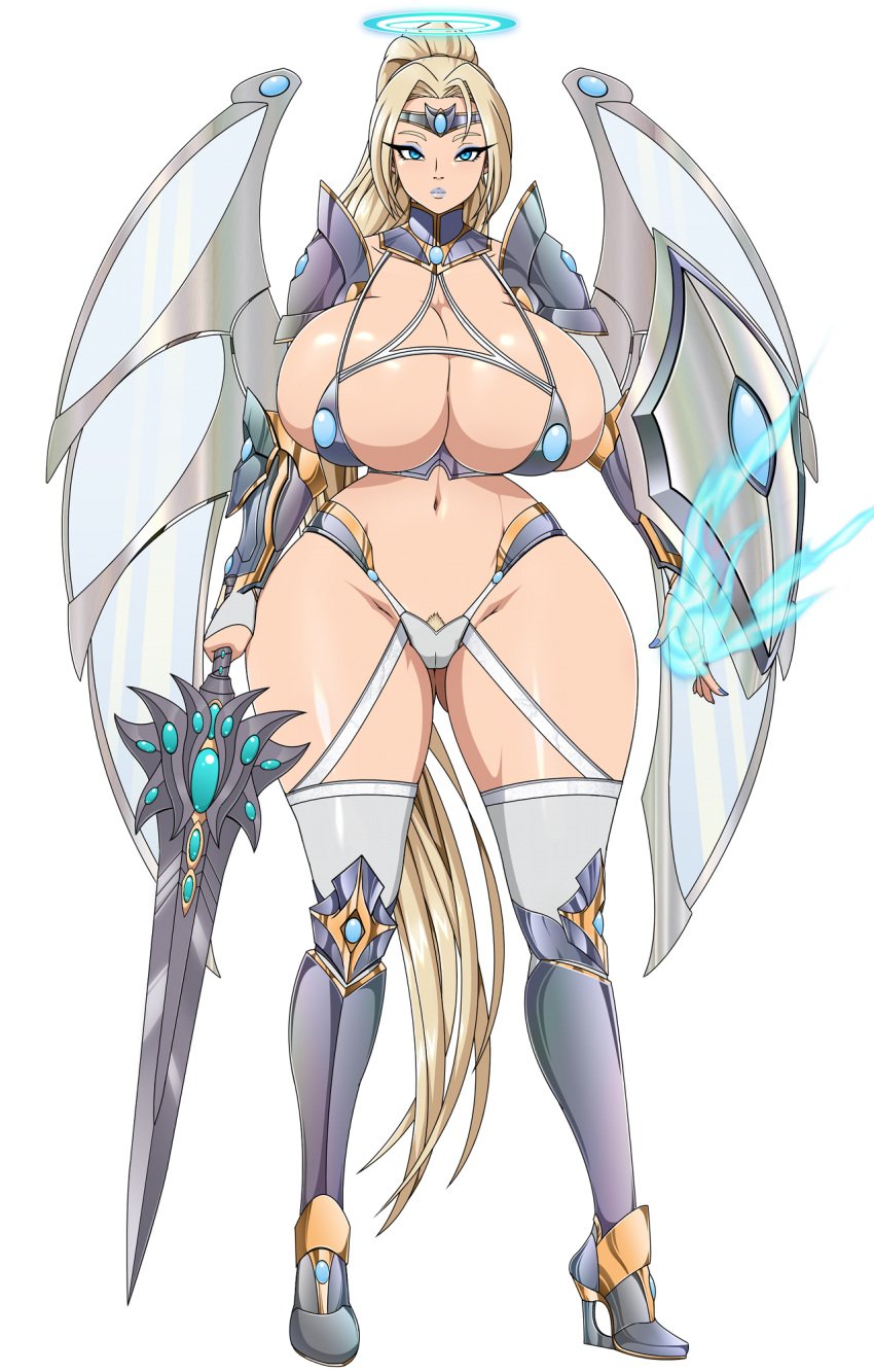 absurdly_long_hair alluring angel angel_halo angel_wings blonde_hair blue_eyes blue_lips boots bubble_ass bubble_butt game_cg gloves official_art plump plump_thighs seductive shiny_skin succubus_covenant sword voluptuous voluptuous_female wings