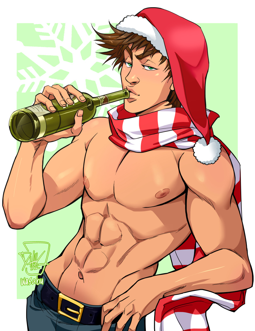 1boy athletic_male battle_tendency brown_hair drinking green_eyes jojo's_bizarre_adventure joseph_joestar male male_nipples male_only muscular_male pinup shirtless shirtless_male solo suggestive wasabu