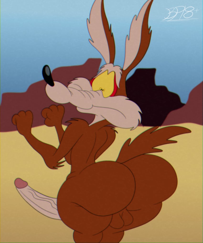 anthro balls big_ass big_butt big_penis blastprocessing16 bubble_ass bubble_butt canid canine canis coyote hi_res huge_cock looney_tunes mammal penis shocked_face solo tail warner_brothers wile_e._coyote