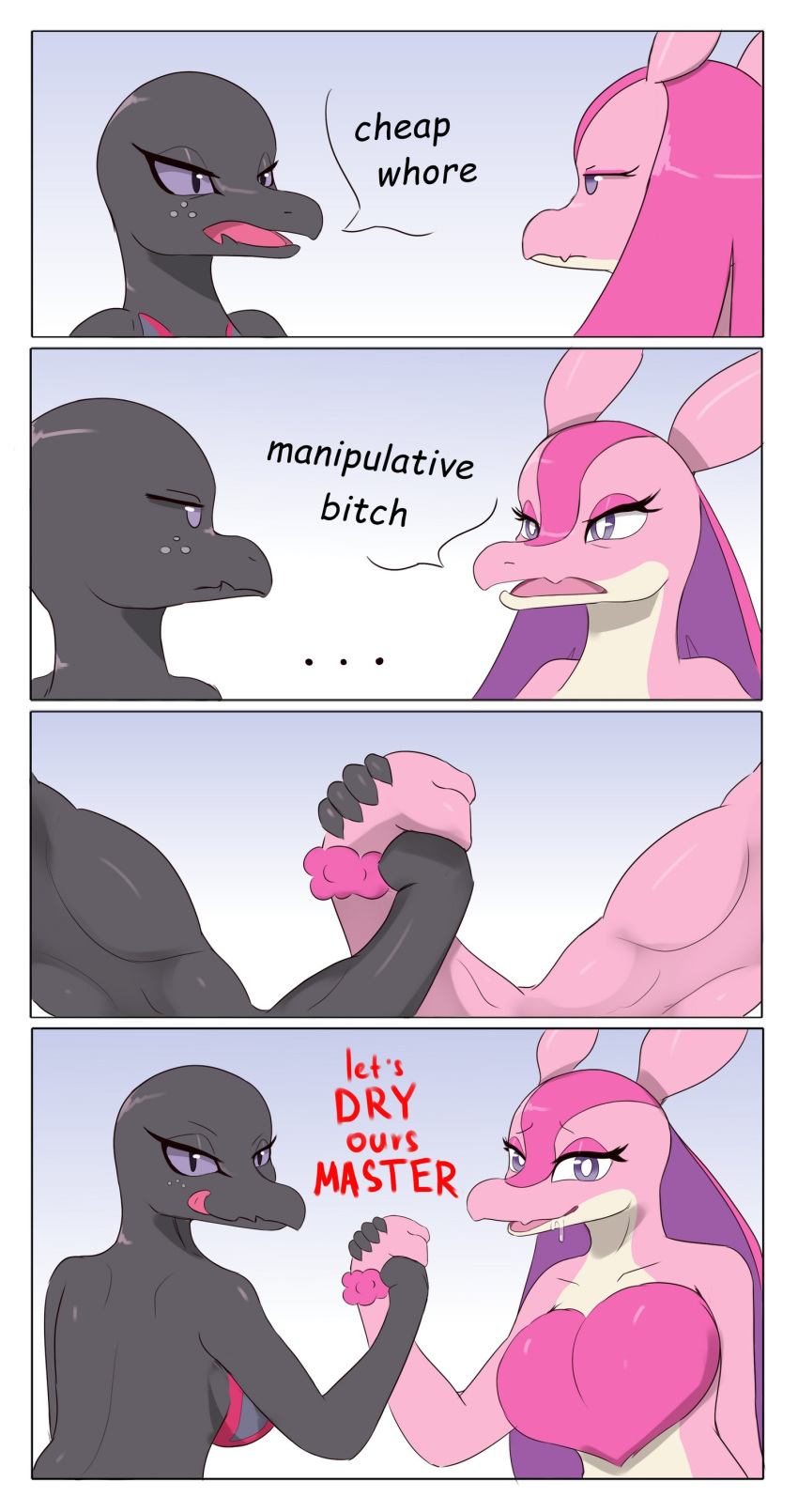 2girls anthro big_breasts black_body breasts comic crossover dialogue dialogue_box epic_handshake female female_only frezezyk fur furry looking_at_viewer lovander meme pal_(species) palworld pink_body pink_hair pokémon pokémon_(species) pokemon pokemon_(species) salazzle saliva salivating seductive seductive_look seductive_smile tagme talking_to_another text trait_connection