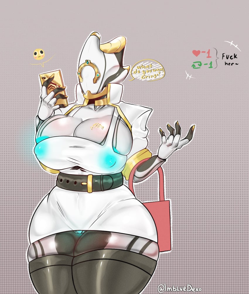 1girls 2024 2d 2d_(artwork) 5_fingers areola areolae belt belt_buckle big_breasts big_thighs black_thighhighs breasts cameltoe cleavage dialogue dress english english_text excalibur_(warframe) excalibur_prime_(warframe) female female_focus female_only glowing_nipples glowing_pussy gold_(metal) gold_jewelry hi_res highres hips holding_phone ladydexo_(artist) large_thighs like_and_retweet nipples no_eyes phone rule_63 short_dress simple_background skindentation slim_waist solo solo_female solo_focus thick_thighs thighhighs thighs warframe white_background wide_hips