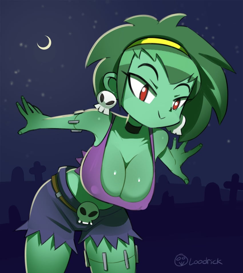 1girls 2021 bent_over big_breasts blue_background breasts choker cleavage earrings female female_focus female_only green_body green_hair green_skin headband loodrick red_eyes rottytops shantae short_hair shorts skull_earrings solo solo_female tank_top thighs wayforward zombie zombie_girl