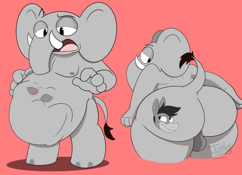 2021 anthro asinus ass balls blush body_outline democrat democrat_donkey digestion don_kennedy donkey duo elephant elephantid equid equine genitals george_o._pillsburry grey_body guyjushy hi_res imprint looking_back male male/male mammal nipples nude proboscidean rear_view republican republican_elephant signature simple_background stomach_bulge story story_in_description tail tusks vore vore_tattoo