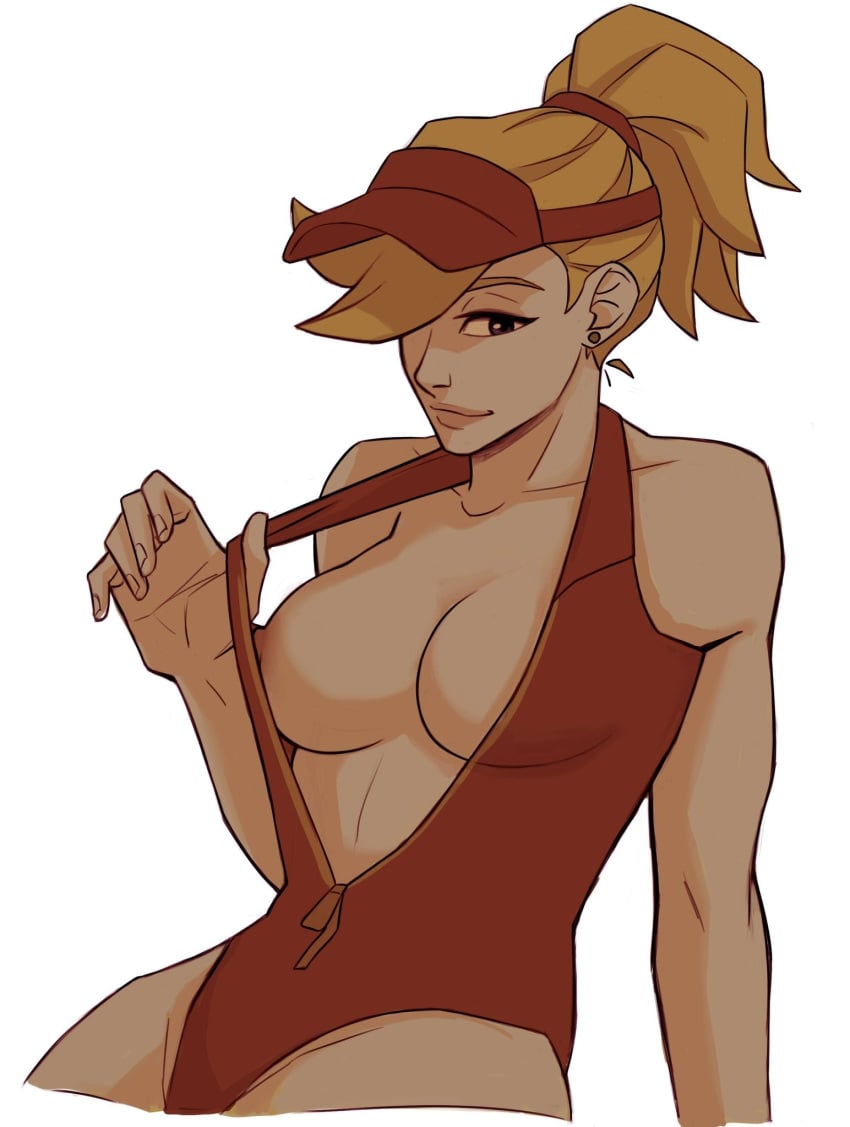 1girls big_breasts blonde_hair cleavage clothed ear_piercing lifeguard lifeguard_mercy long_hair looking_at_viewer mercy nipple_peek nipple_slip oliviajoytaylor one_eye_obstructed overwatch overwatch_2 ponytail smile solo swimsuit swimsuit_pull teasing visor