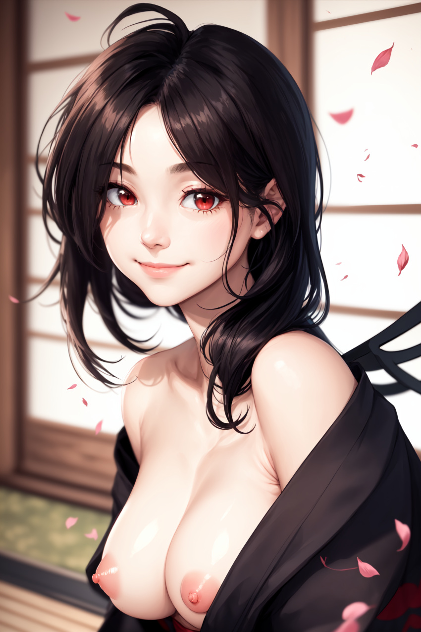 ai_generated black_hair indoors large_breasts medium_hair nue_houjuu red_eyes smile touhou upper_body wombat9043