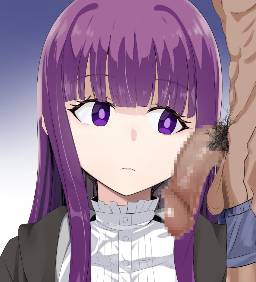 1boy 1girls black_coat blunt_bangs censored coat dress female fern_(sousou_no_frieren) hi_res high_resolution imminent_oral male_pubic_hair mosaic_censoring penis penis_in_face polk pubic_hair purple_eyes purple_hair small_penis sousou_no_frieren tagme very_long_hair white_dress