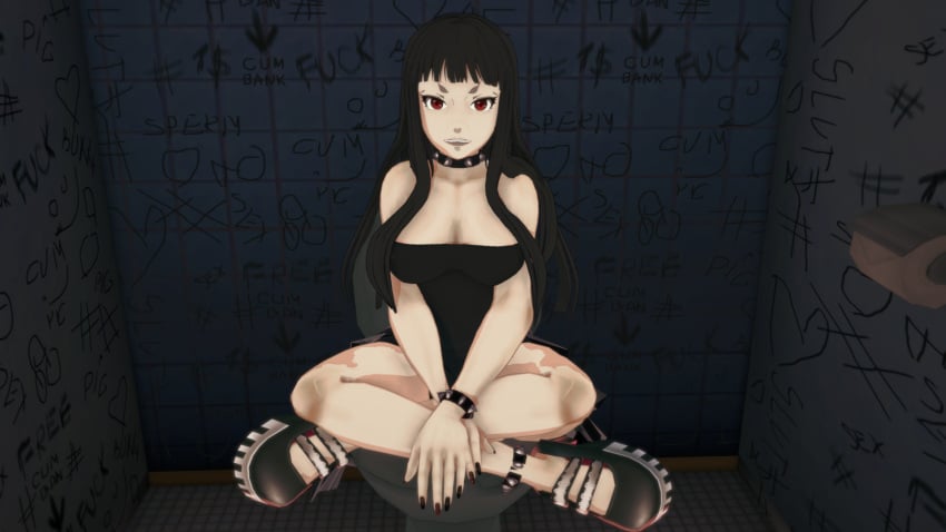 1girls alternate_version_available atlus black_hair blunt_bangs breasts clothed clothed_female goth goth_girl light-skinned light-skinned_female looking_at_viewer public public_bathroom red_eyes shin_megami_tensei shin_megami_tensei_iv shin_megami_tensei_iv_apocalypse shin_megami_tensei_iv_final toilet toki_(shin_megami_tensei_iv_final)