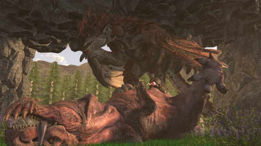 3d_(artwork) anjanath blue_sclera bodily_fluids brute_wyvern capcom claws cum digital_media_(artwork) dragon duo erection feet feet_up feral flower flying_wyvern foot_fetish foot_play footjob forest forest_background fur genital_fluids genitals grass horn lying male membrane_(anatomy) membranous_wings monster monster_hunter mountain nature nature_background nude on_back pawpads penis plant pupils rath_wyvern rathalos red_eyes red_penis rock scales scalie sex sharp_teeth sky source_filmmaker tail teeth toe_claws toes tongue tongue_out tree weekyle wing_claws wings wyvern yellow_eyes