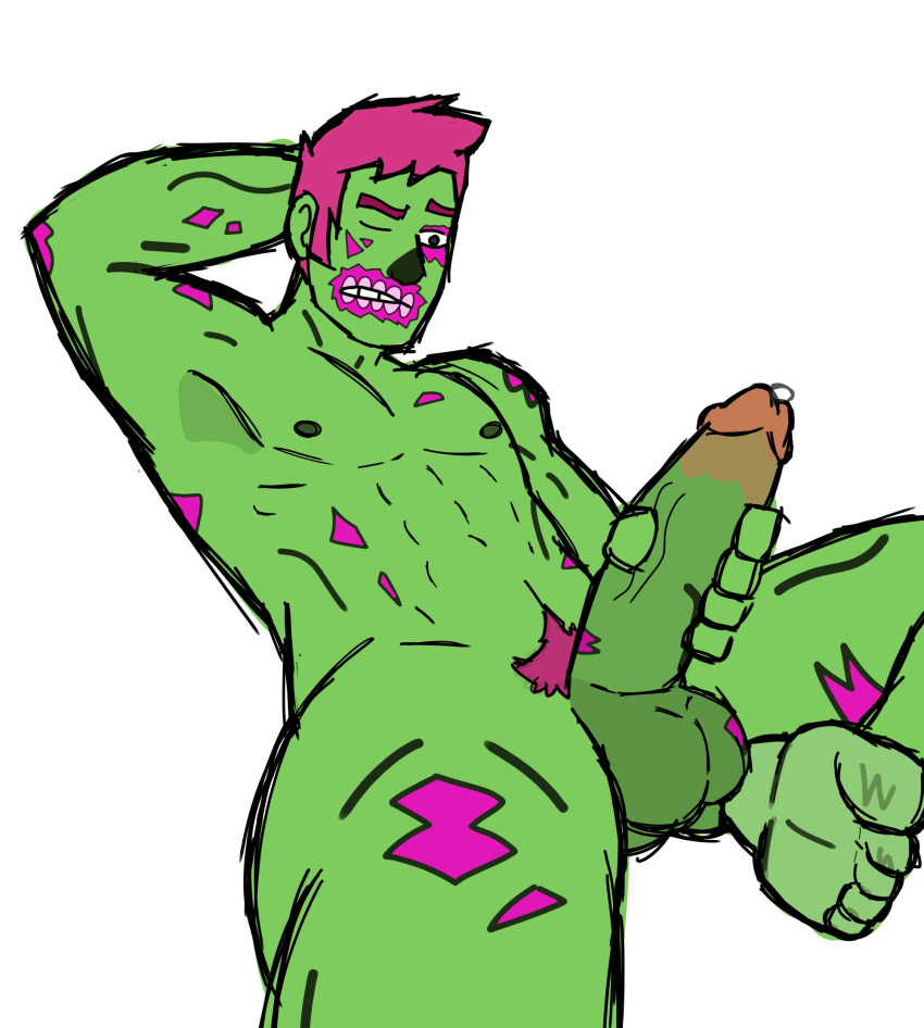 1boy bad_anatomy balls ballsack bara big_balls big_penis brainiac_(fortnite) chicken_strip cum fortnite gay green_skin hand_on_penis looking_down male male_only masturbation muscular muscular_male non-human one_eye_closed penis pink_hair precum solo solo_focus solo_male toony white_background zombie