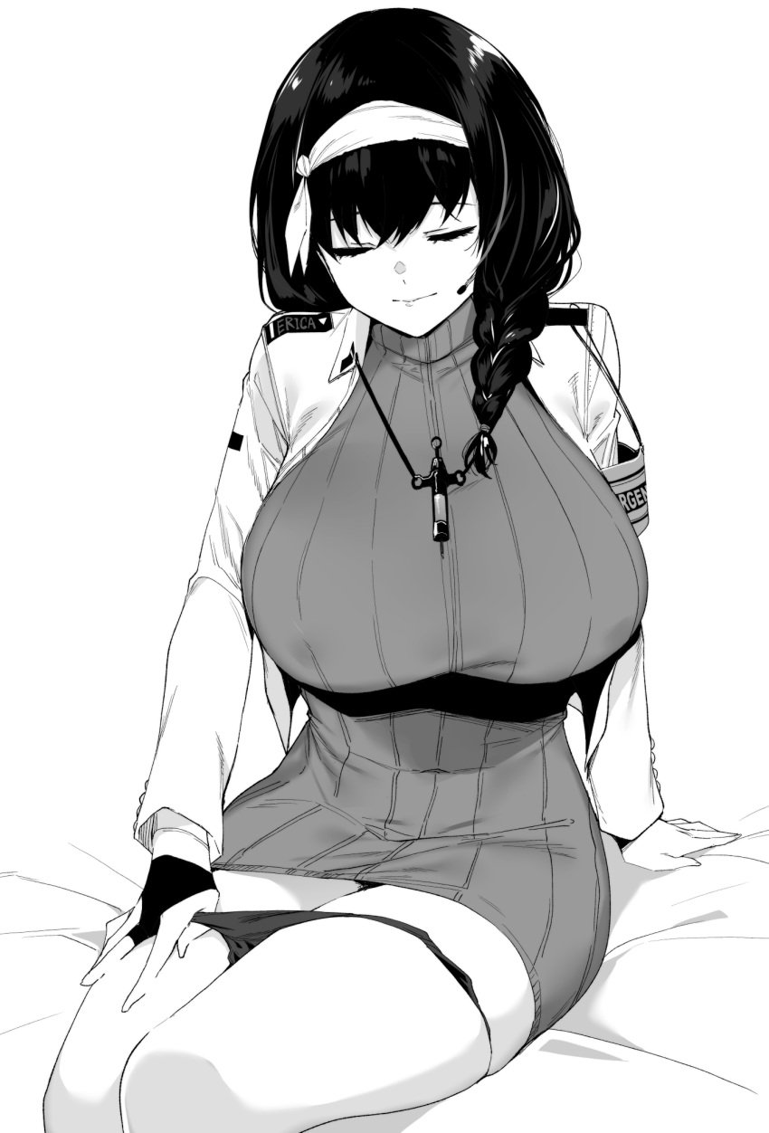 1girls armband asymmetrical_gloves bangs bed black_hair black_panties black_underwear braid closed_eyes fingerless_gloves gloves goddess_of_victory:_nikke greyscale hair_over_shoulder headband huge_breasts jacket long_hair mary_(nikke) monochrome necklace nurse panties panty_pull parted_lips sitting sweater sweater_dress syringe tomohiro_kai underwear