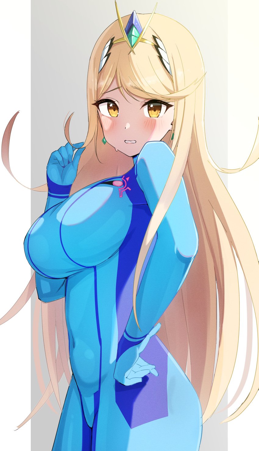 blonde_hair breasts crossover female female_only metroid mythra nintendo oruru577196 oruru63100814 solo tagme xenoblade_(series) xenoblade_chronicles_2 yellow_eyes zero_suit