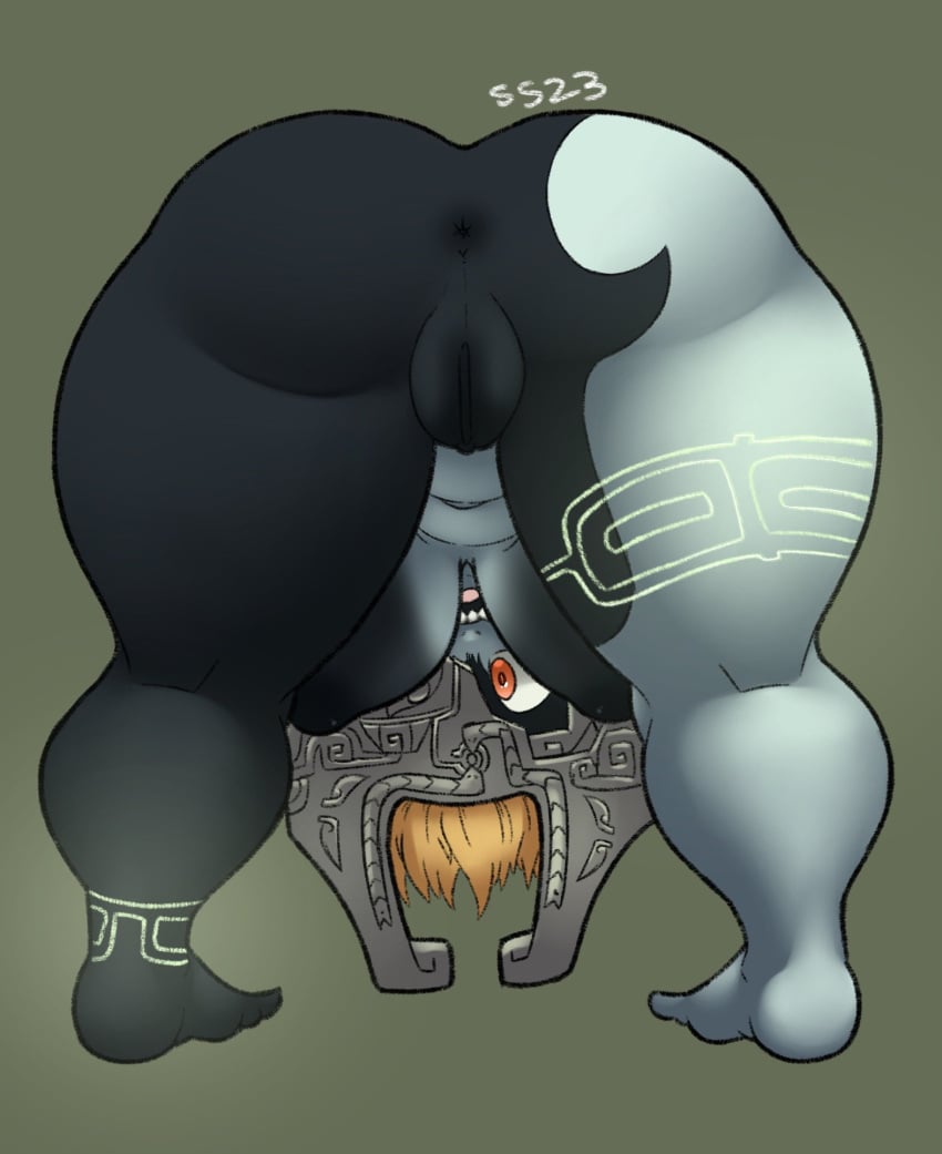 anus areola armor ass bent_over big_breasts big_butt black_areola black_body black_nipples blue_body breasts eyelashes female genitals green_background hair headgear helmet hi_res humanoid imp imp_midna looking_at_viewer looking_back looking_back_at_viewer midna navel nintendo nipples one_eye_obstructed open_mouth orange_eyes orange_hair pussy rear_view satsuki_supreme sharp_teeth short_stack simple_background solo teeth the_legend_of_zelda thick_thighs twili twilight_princess wide_hips