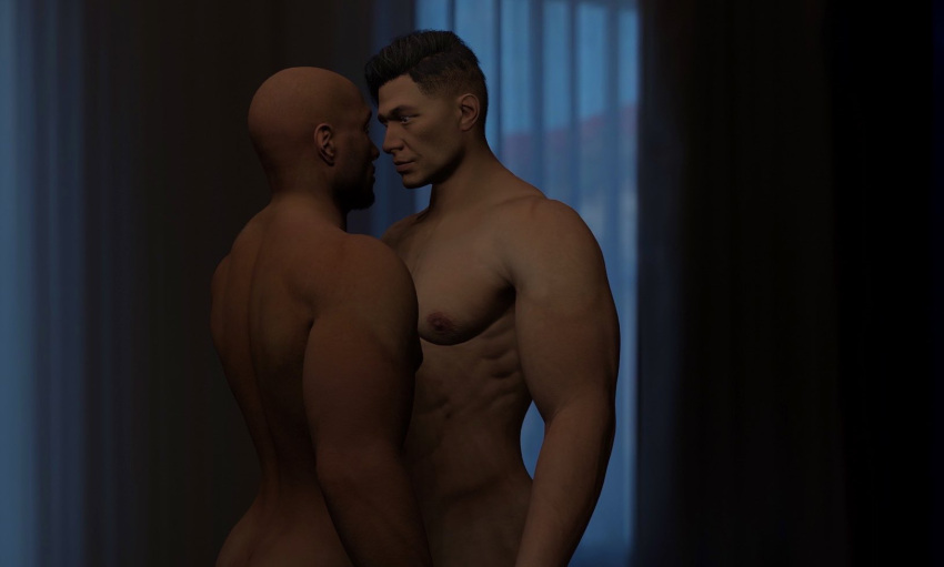 3d 3d_(artwork) 3d_model bald bald_man bara bara_tiddies bara_tits black_hair brown_eyes dark-skinned_male dark_skin darrius eye_contact gay gay_interracial havik haviksluz homoerotic indoor_nudity indoors interracial intimate intimate_distance light-skinned_male light_skin looking_at_each_other male/male male_focus male_only manly masculine melanin mortal_kombat mortal_kombat_1_(2023) muscles muscular muscular_male netherrealm_studios night nighttime sensual yaoi