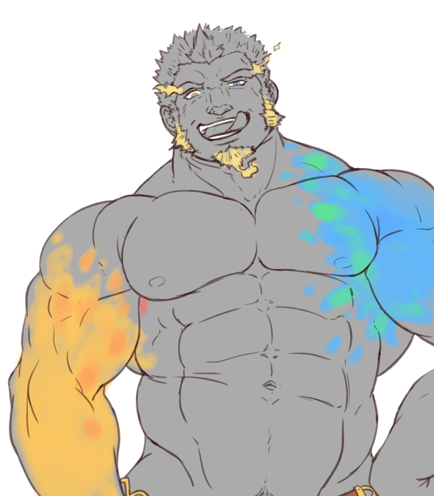 bara body_markings facial_hair licking_lips male male_only minatumi3723 monochrome multicolored_hair muscles muscular nude perun_(tokyo_afterschool_summoners) solo solo_male tokyo_afterschool_summoners