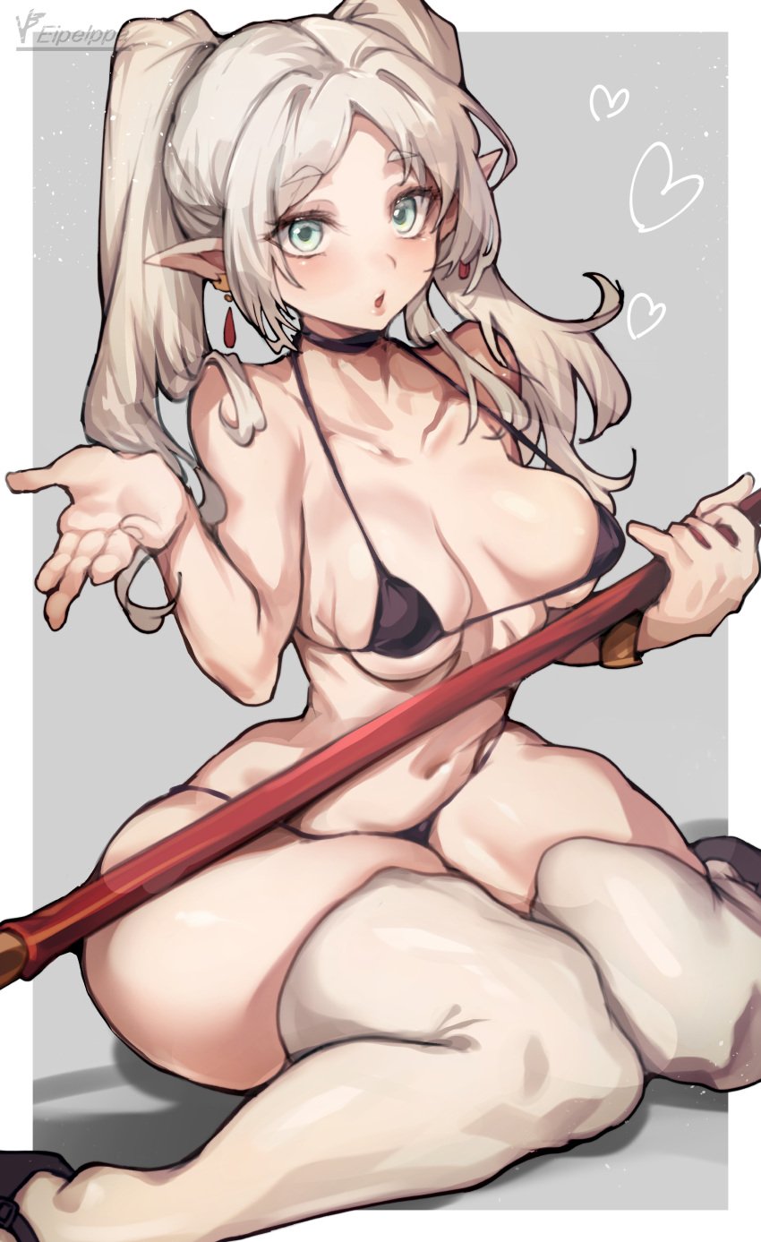 1girls :o bare_arms bare_belly bare_hands bare_shoulder bare_shoulders bare_stomach bikini black_bikini black_bra black_panties bra ear_piercing ear_ring earring earrings elf elf_ears elf_female elf_girl elves eyebrows_visible_through_hair eyelashes eyelashes_visible_through_hair female female_humanoid female_only frieren hourglass_figure humanoid humanoid_face humanoid_female humanoid_hands iparuputsua legwear no_humans non-human panties pierced_ears piercing piercings pointy_chin pointy_ears sitting sousou_no_frieren twintails twintails_(hairstyle) white_eyebrows white_hair white_hair_female white_legwear woman