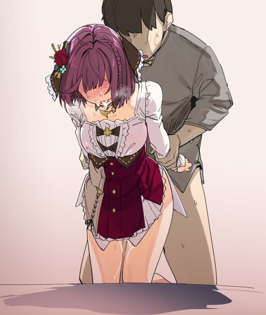 1boy 2d atelier_(series) atelier_sophie_2 blunt_bangs blush braid corset cum dress faceless faceless_female faceless_male female flower from_behind_position grey_shirt hair_flower hair_ornament highres holding_another's_arm long_sleeves open_mouth prison_guard_position red_flower red_hair red_rose rose sex sex_from_behind sex_under_dress sex_under_skirt shirt short_hair side_braid sidelocks skirt sophie_neuenmuller standing standing_sex straight sweat uno_ryoku upper_body