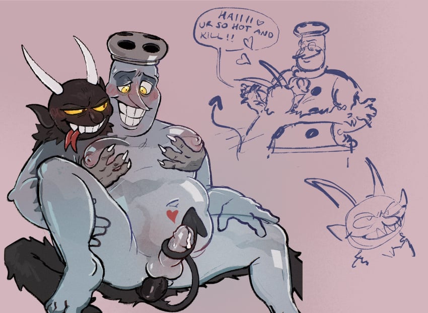 animate_inanimate chef_saltbaker cuphead:_the_delicious_last_course cuphead_(game) demon gay male male_only masturbation moob_grab moobs overweight_male pec_grasp tail_masturbation tail_sex the_devil_(cuphead)