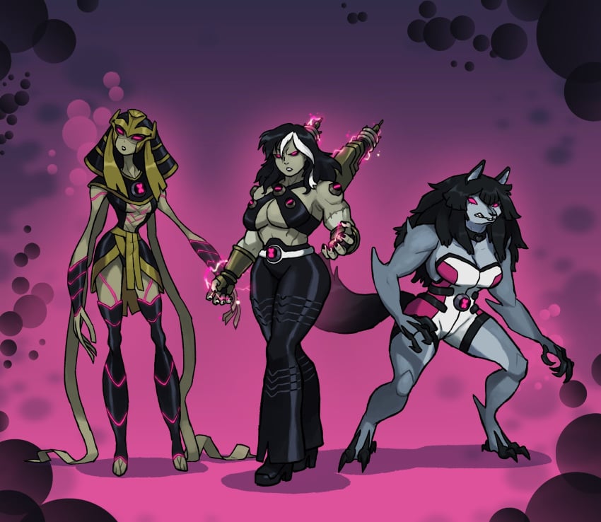 3girls alien_girl ben_10 ben_10_(classic) black_pants blitzwolfer cartoon_network chaquetrix electricity eltefo23 female frankenstrike furry large_breasts loboan monster_girl mummy muscular_female pink_background snare-oh standing thep_khufan thick_thighs transylian underboob warner_brothers werewolf