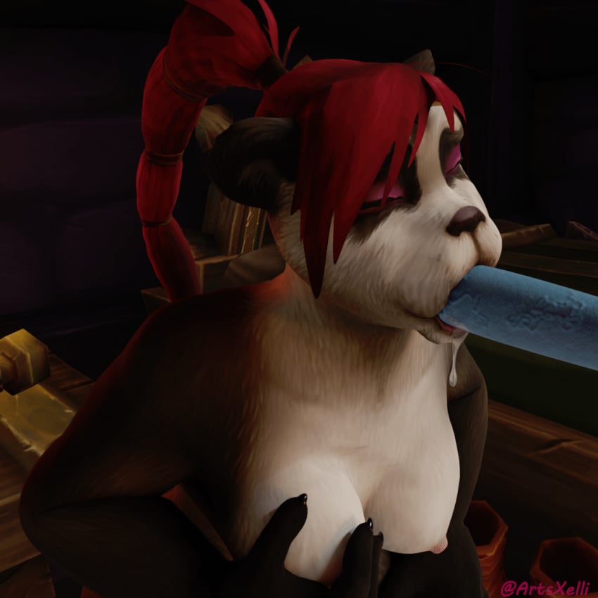 3d 3d_(artwork) 3d_animation 3d_model animated animated animated blowjob breasts character drool drooling furry furry_female heart_eyes oral oral_sex panda pandaren pandaren_female red_hair warcraft world_of_warcraft