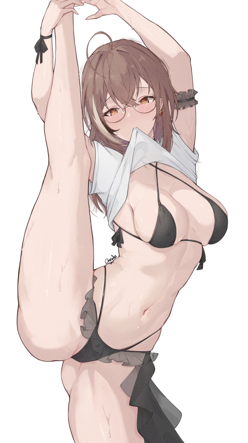 1girls 2023 absurdres ahoge alternate_version_available arms_up bikini black_bikini breasts brown_eyes brown_hair chyraliss clothes_in_mouth clothes_lift crossed_bangs female frills glasses highleg highleg_bikini highres hololive hololive_english hololive_english_-council- hololive_english_-promise- kneepits leg_up medium_breasts medium_hair mouth_hold multicolored_hair nanashi_mumei navel open_mouth shirt shirt_in_mouth shirt_lift simple_background solo split splits standing standing_on_one_leg standing_split stomach streaked_hair swimsuit thighs vertical_splits virtual_youtuber white_background white_shirt