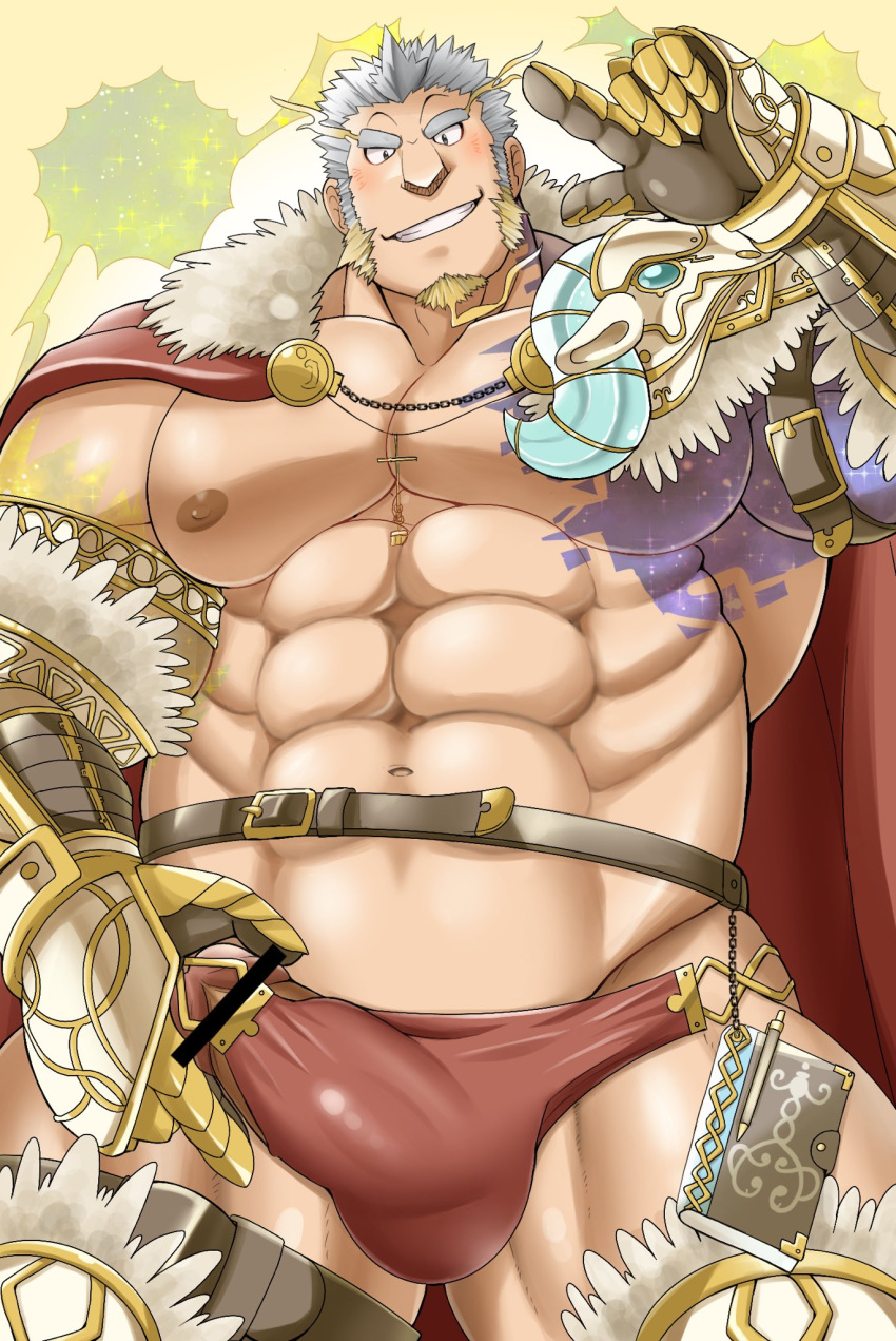 balls bara blush body_markings boner bulge censor_bar erection erection_under_clothes facial_hair male male_only multicolored_hair muscles muscular penis penis_peek perun_(tokyo_afterschool_summoners) solo solo_male tokyo_afterschool_summoners yugyouhijiri