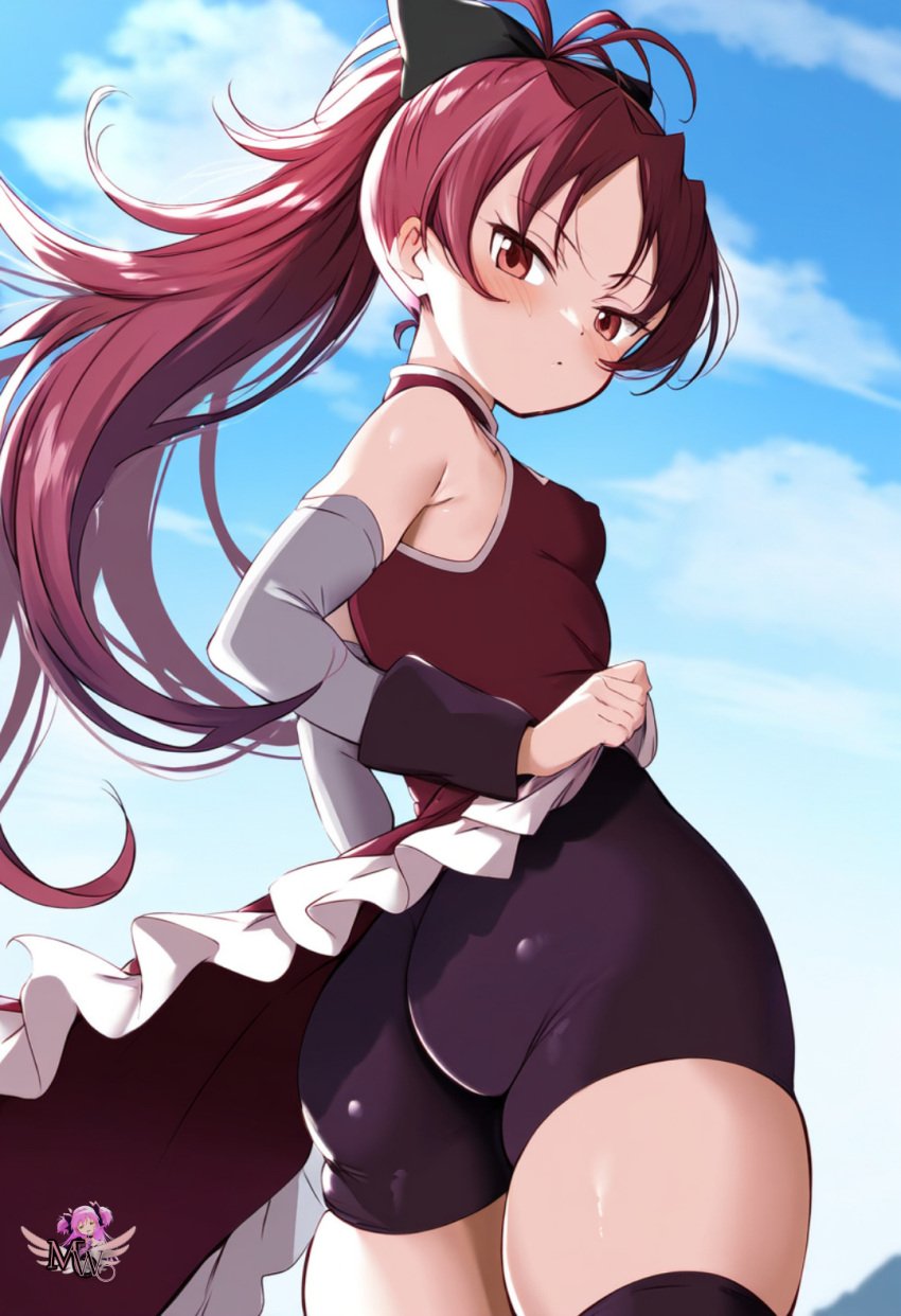 ai_generated artist_logo ass ass_focus big_ass big_butt black_ribbon booty bubble_butt butt_focus dress hair_ribbon hi_res long_hair long_ponytail madoka_worship magical_girl magical_girl_outfit mahou_shoujo_madoka_magica ponytail puella_magi_madoka_magica red_eyes red_hair round_ass round_butt sakura_kyouko shorts sports_shorts upskirt