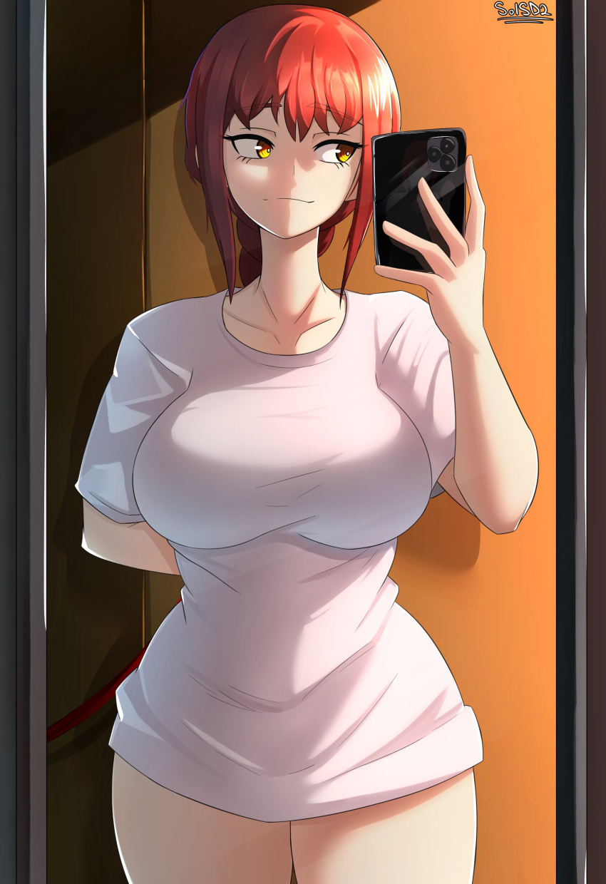 1girls big_breasts breasts chainsaw_man clothing female female_only hair huge_breasts makima_(chainsaw_man) mirror phone red_hair selfie shirt smile sol-sama_d2 solo solo_female thighs topwear white_shirt yellow_eyes