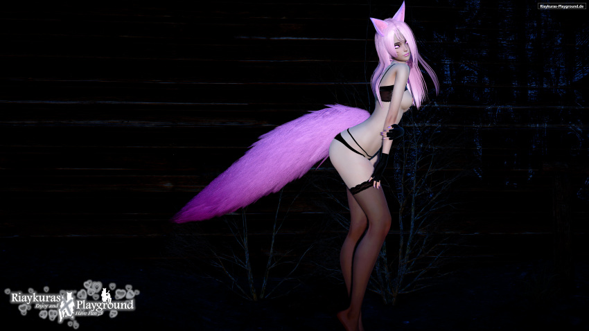 3d animal_ears animal_humanoid black_bra black_legwear black_lingerie black_panties black_stockings bra bra_lift dark_background eye_covered face_markings fox_ears fox_girl fox_tail hi_res highres kemonomimi lingerie panties pink_eyes pink_lips pink_lipstick pink_nails posing riaykura riaykuras_playground self_upload standing stockings tail