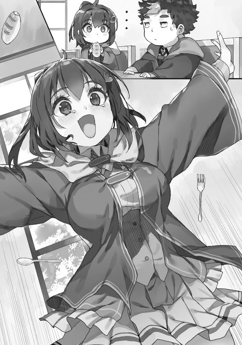 absurdres ahoge black_hair bouncing bouncing_breasts breasts buta_koushaku cardigan happy highres large_breasts long_sleeves nauribon non-web_source open_mouth ponytail robe school_uniform short_hair skirt tearing_up tina(buta_koushaku)