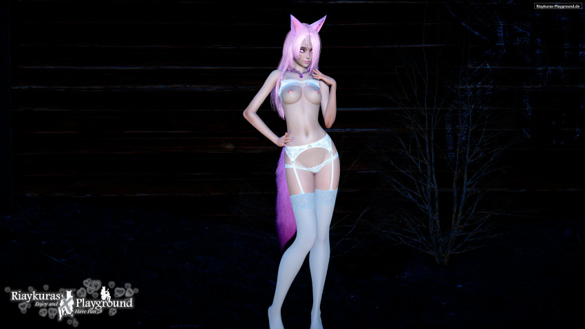 3d animal_ears animal_humanoid bra bra_lift dark_background eye_covered face_markings fox_ears fox_girl fox_tail hi_res highres kemonomimi lingerie panties pink_eyes pink_lips pink_lipstick pink_nails posing riaykura riaykuras_playground self_upload standing stockings tail white_legwear white_lingerie white_panties white_stockings