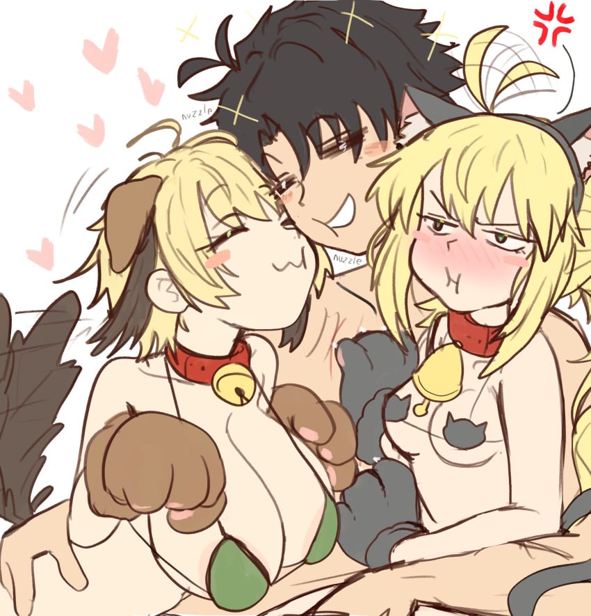 1boy 2girls :3 ahoge artoria_pendragon artoria_pendragon_(caster) bikini blonde_hair blush breast_envy breast_size_difference breasts collar ebora fate/grand_order fate_(series) female fujimaru_ritsuka_(male) gareth_(fate) green_eyes hi_res huge_breasts light-skinned_female light-skinned_male light_skin long_hair male short_hair small_breasts twintails youngmanisdown