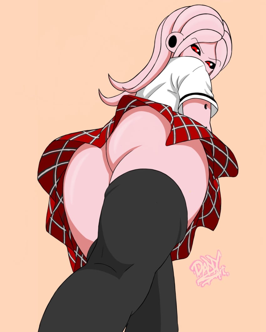 1girls alien alien_girl ass ass_focus dany_art dany_vg dark_sclera dragon_ball dragon_ball_xenoverse dragon_ball_z female_majin from_below majin majin_dany monster_girl no_panties original_character pink_hair pink_skin red_eyes school_uniform schoolgirl solo thick_thighs thighhighs thighs upskirt